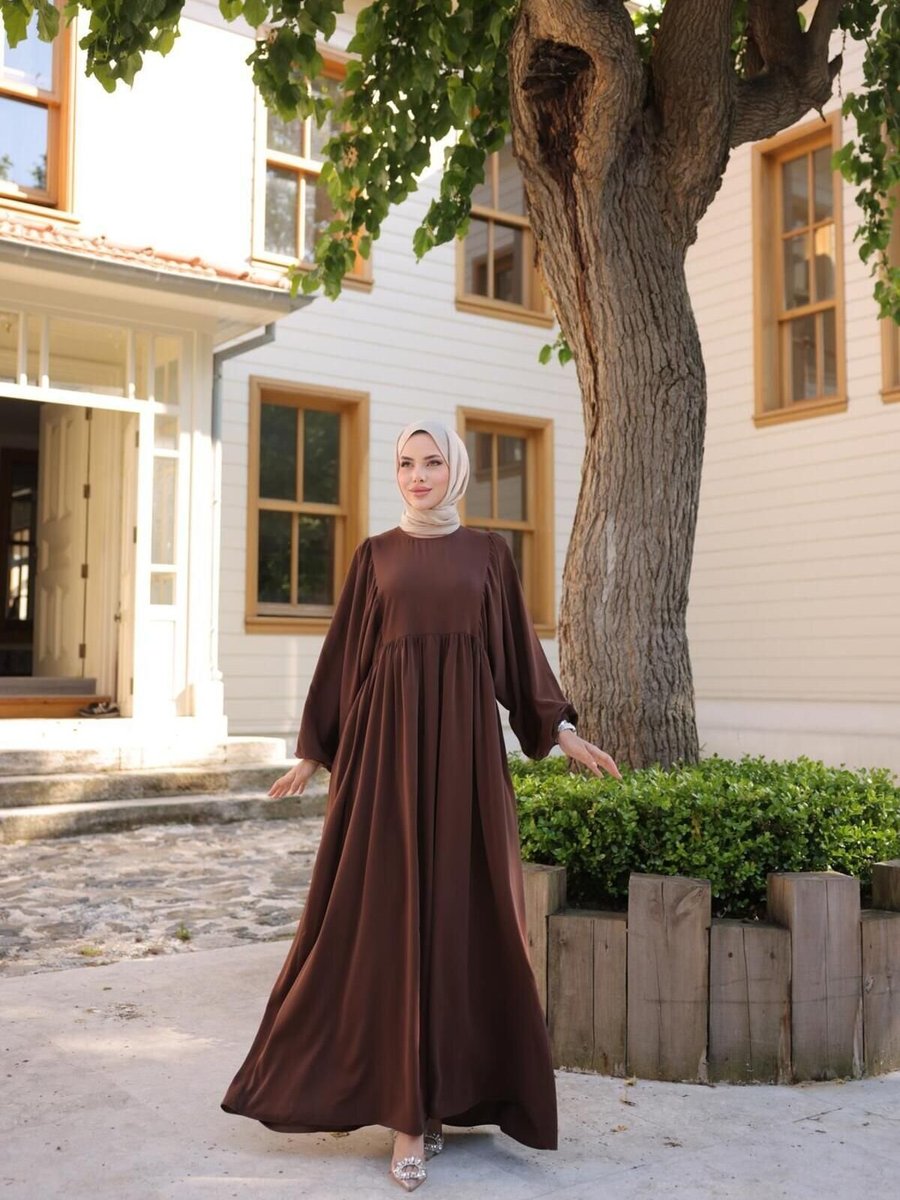 Nissra Kahverengi Ankanoor Balon Kollu Oversize Elbise