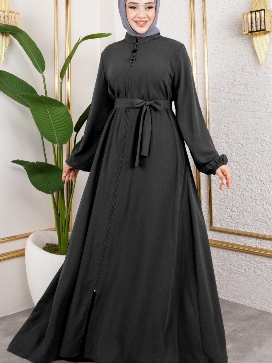 HİJABAYA Siyah Boydan Fermuarlı Kolu Lastikli Beli Kemerli Ferace
