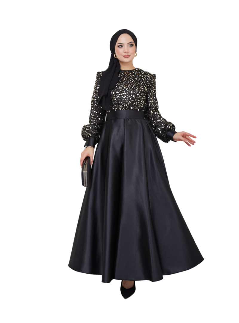 AYŞE MELEK TASARIM Giyim Moda Pul Detaylı Saten Abiye Elbise Gold