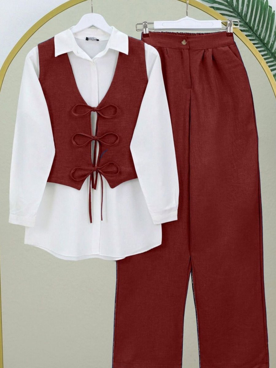 HİJABAYA Bordo Yeleği Bağcıklı Bol Paça Pantolonlu İkili Keten Takım