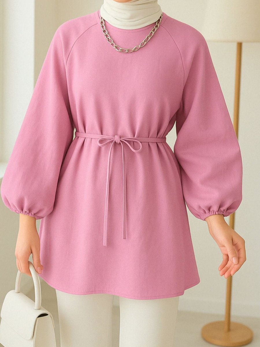 HİJABAYA Pembe Yuvarlak Yaka Beli Bağcıklı Balon Kol Tunik