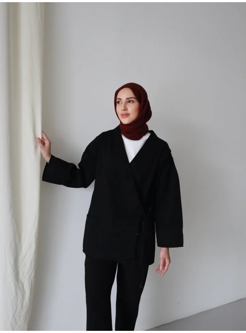 Modatavil Beli Bağlamalı Siyah Kot Ceket
