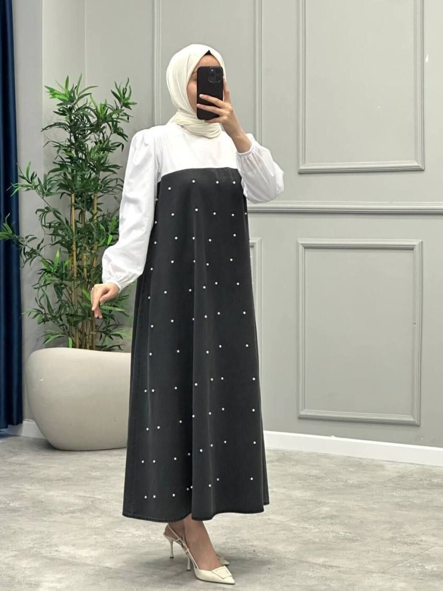 OlaLady Siyah Üstü Detaylı İncili Kloş Denim Kot Gömlek Elbise