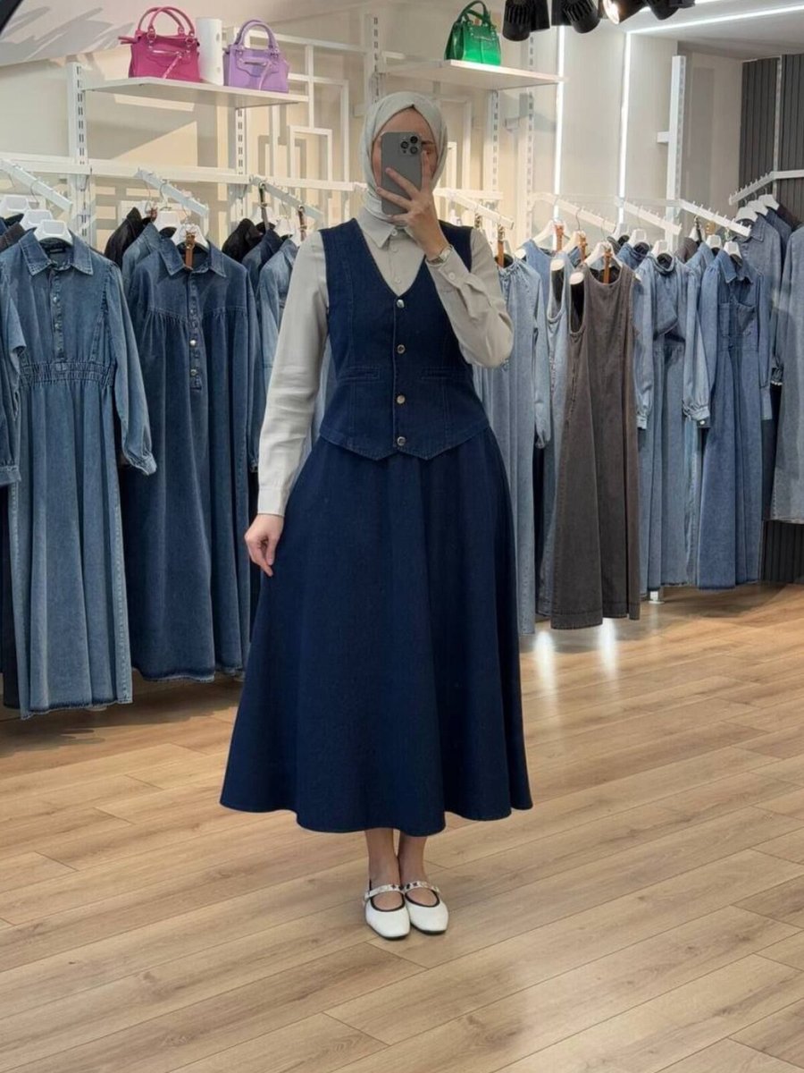OlaLady Lacivert Gizli Mini Cep Detaylı Kot Yelek Etek İkili Takım