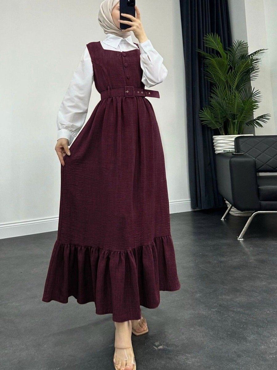 HİJABAYA Bordo Top Düğmeli Gömlekli İkili Takım Jile