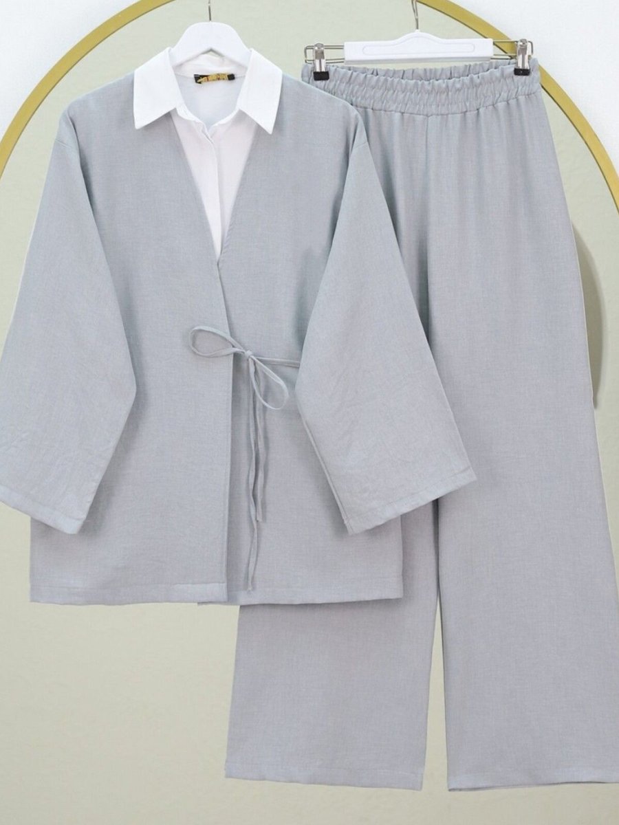 HİJABAYA Gri Önden Bağlamalı Pantolonlu Kimono İkili Takım