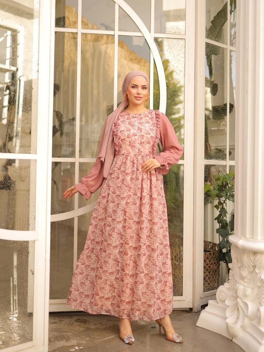 Nissra Pembe Fırfırlı Garni Şifon Elbise
