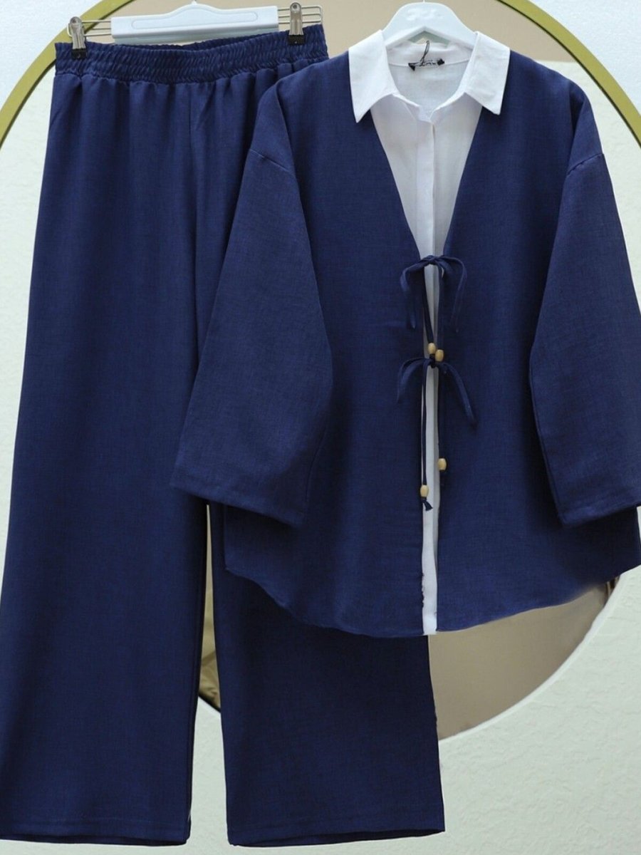 HİJABAYA Lacivert Önü Çift Bağlamalı Pantolonlu Kimono İkili Takım
