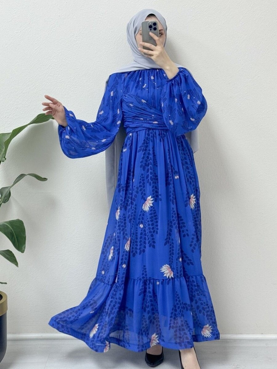 HİJABAYA Saks Bel Ve Boyundan Büzgülü Balon Kol Astarlı Şifon Abiye Elbise