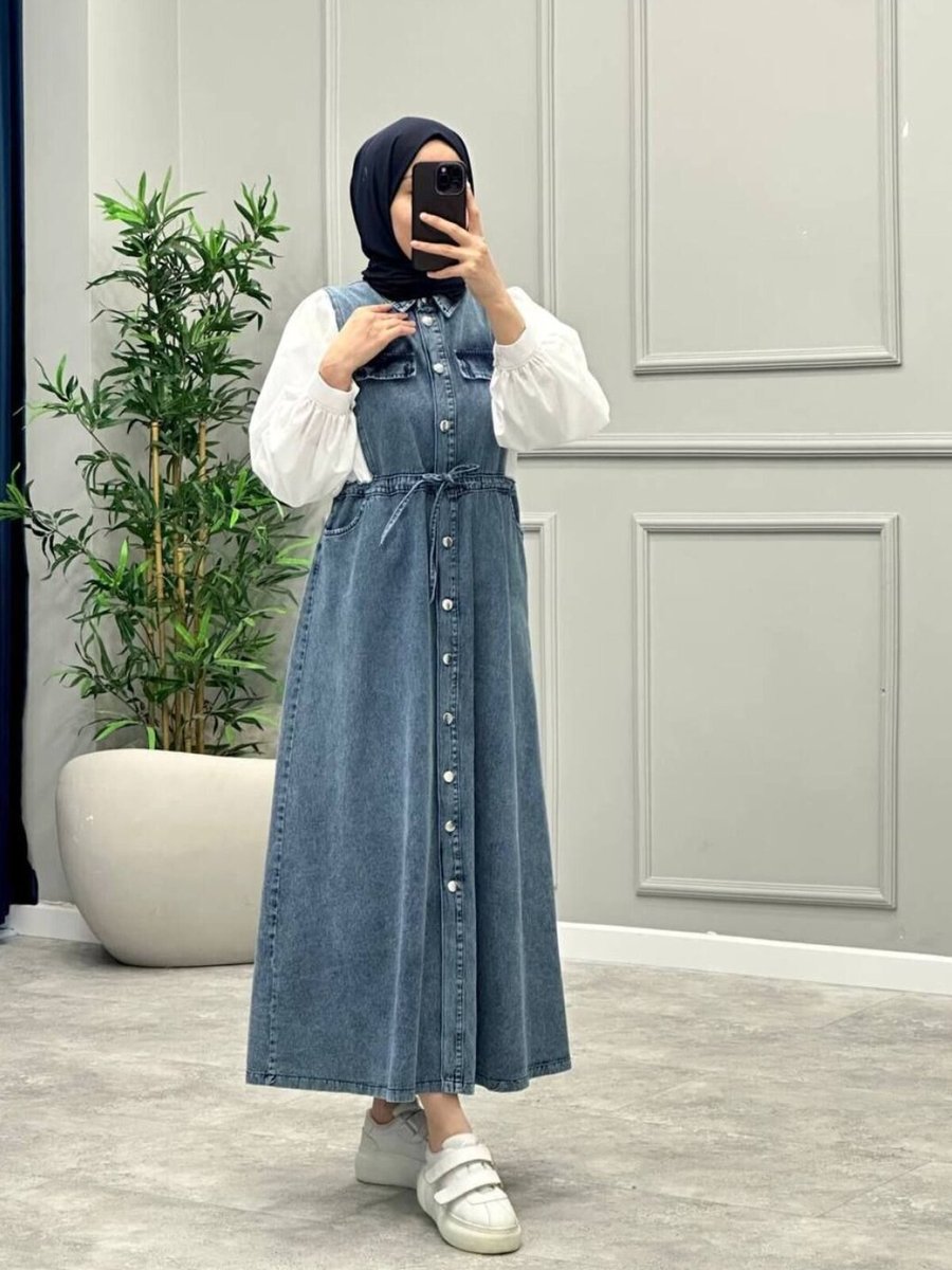 OlaLady Mavi Kolları Balon Beli Büzgülü Denim Kot Gömlek Elbise