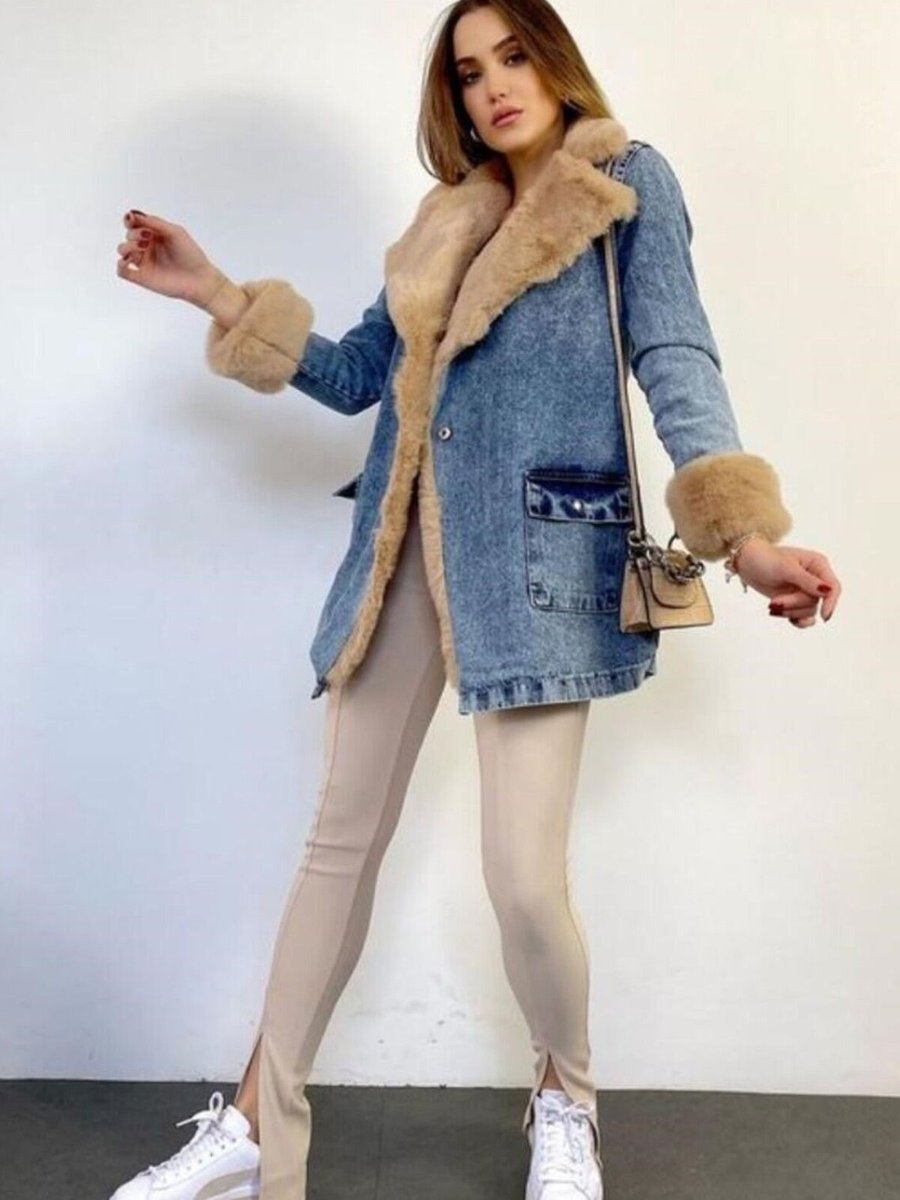BK BOUTİQUE Mavi Denim Uzun İçi Full Kürk Jean Mont