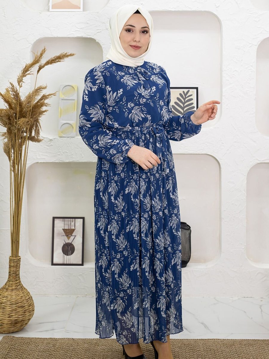 Mec Fashion İndigo Çiçek Desenli Pileli Elbise