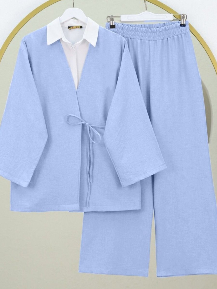 HİJABAYA Bebe Mavi Önden Bağlamalı Pantolonlu Kimono İkili Takım