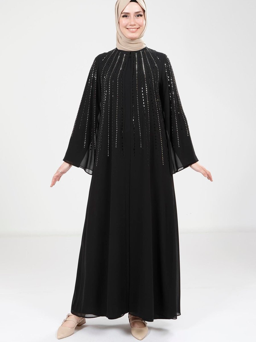 Beyza Siyah Pul Detaylı Abaya
