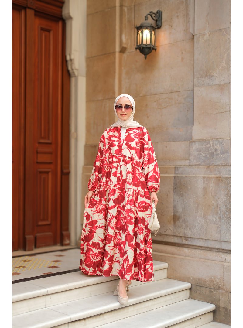 Locco Moda Kırmızı Duman Desenli Elbise