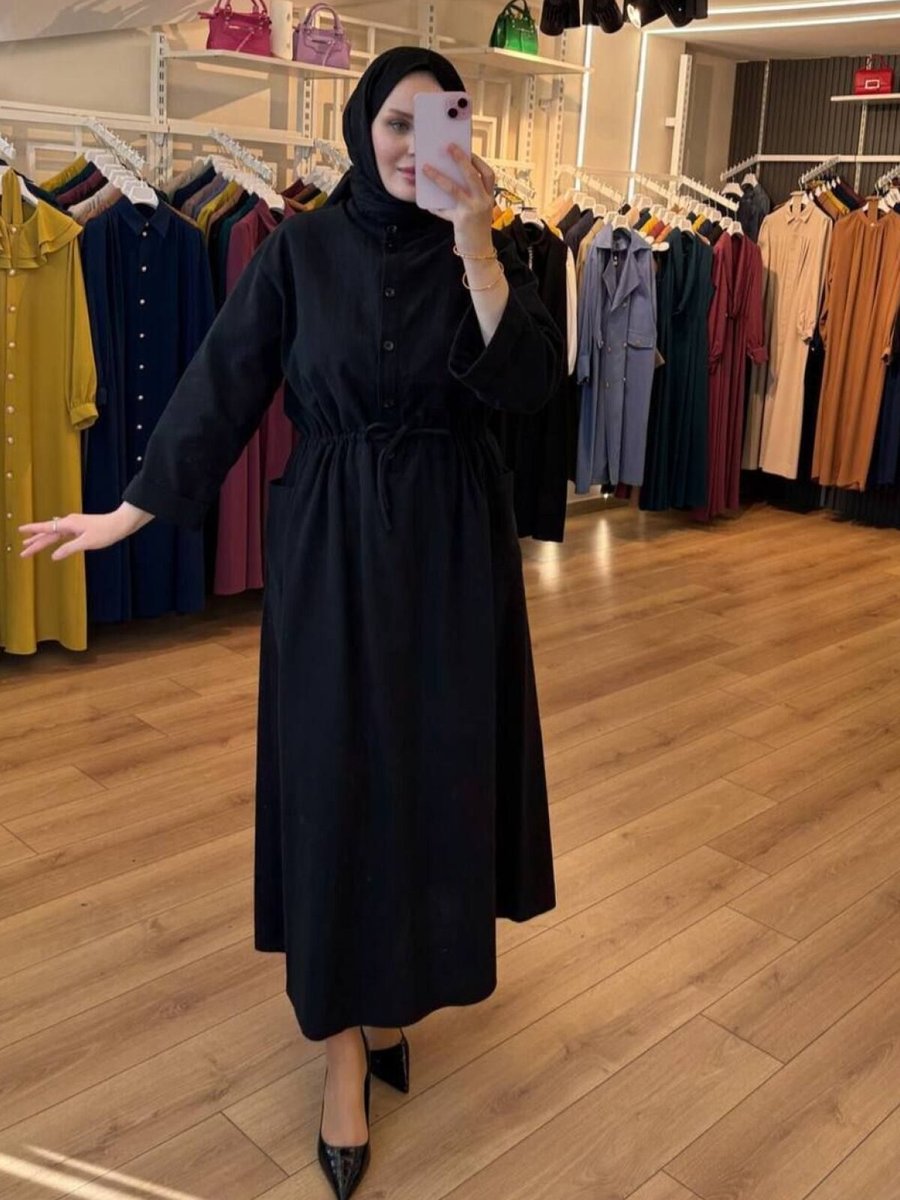 OlaLady Siyah Yanları Cepli Önü Düğmeli Pamuklu Keten Elbise