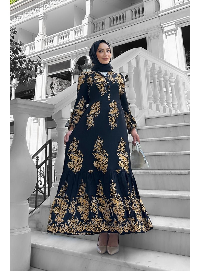 Liz Butik Siyah Sultan Desenli Viskon Elbise