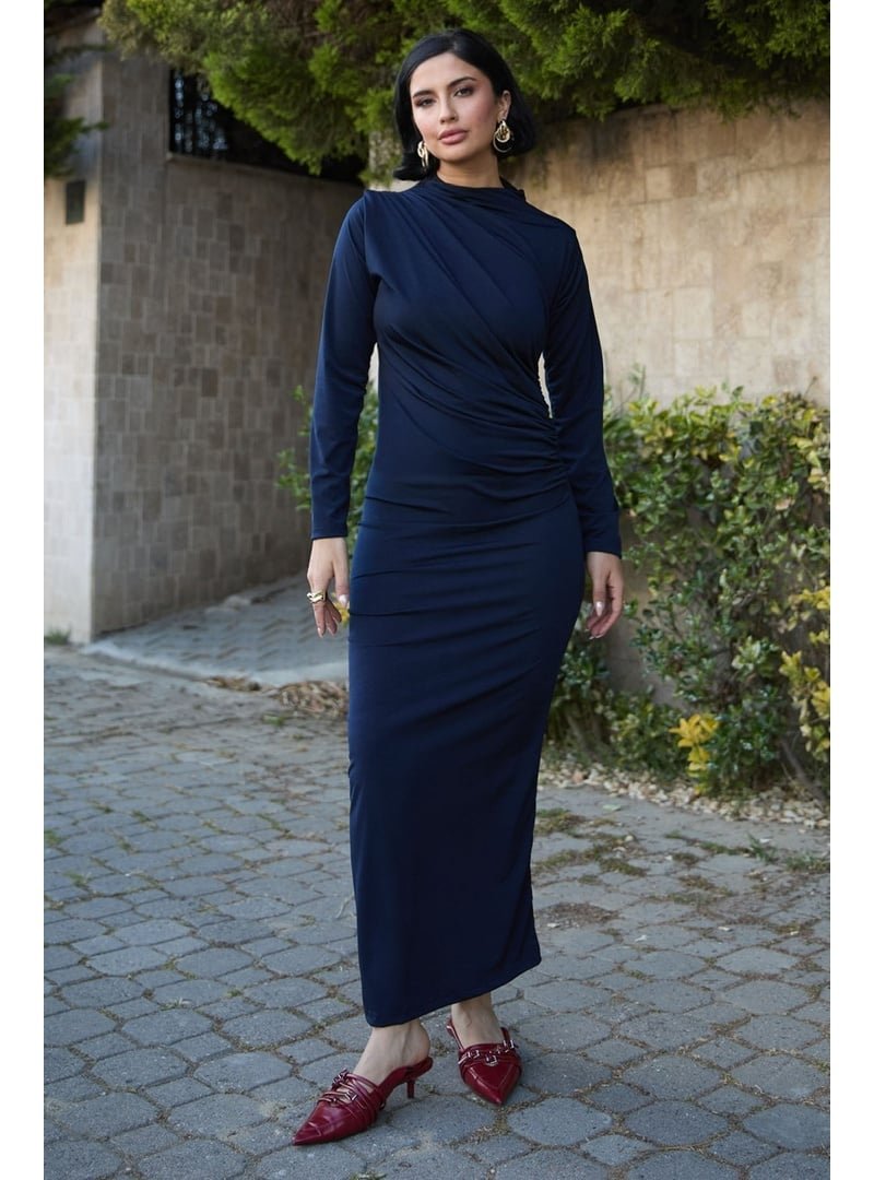 InStyle Büzgülü Sandy Lacivert Elbise