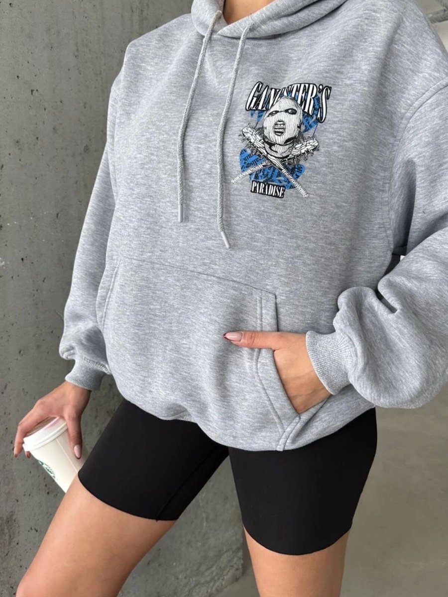 Özer&Hermin Gri İplik Şardonlu Oversize Compact Kafa Baskılı Sweat