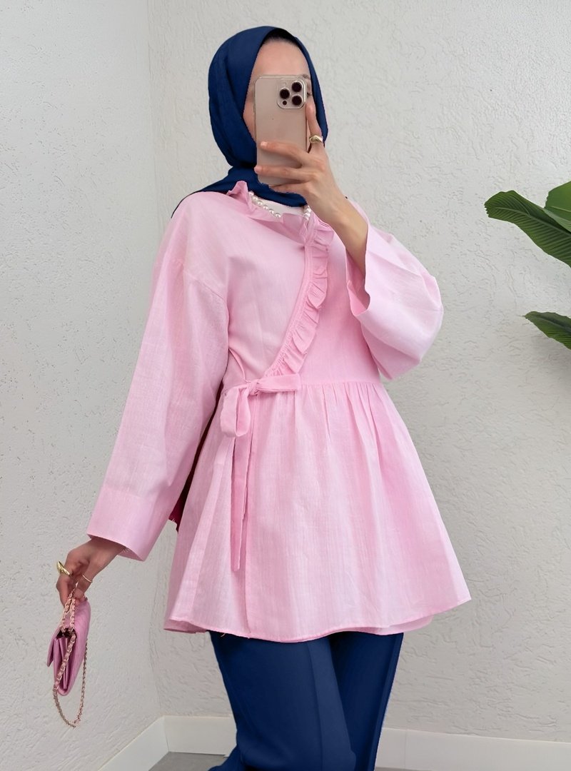 Podyumplus Pembe Yakası Fırfırlı Yandan Bağlamalı Keten Kimono