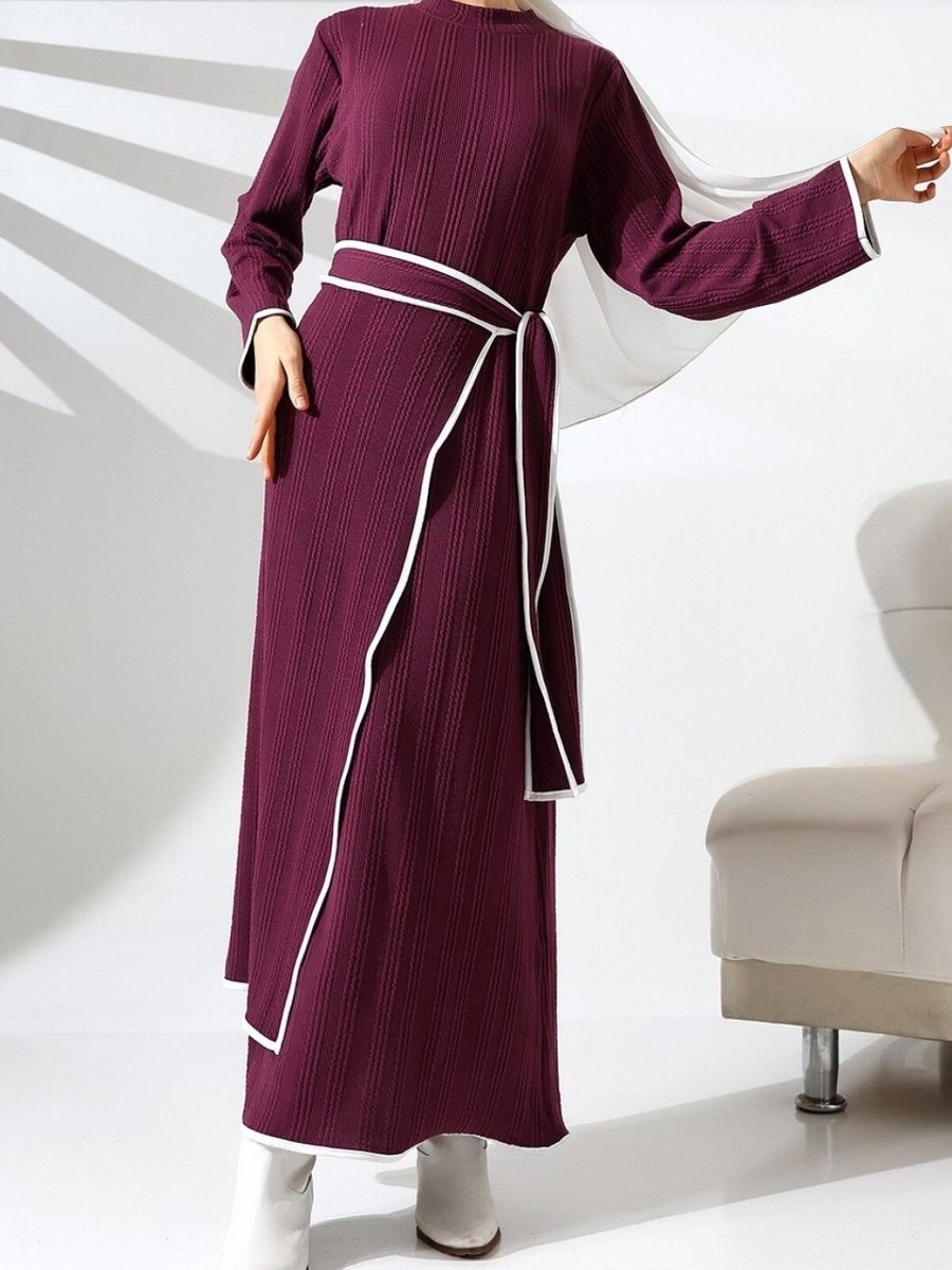 HİJABAYA Mor Dik Yaka Örme Krep Beli Bağlamalı İki Parçalı Elbise
