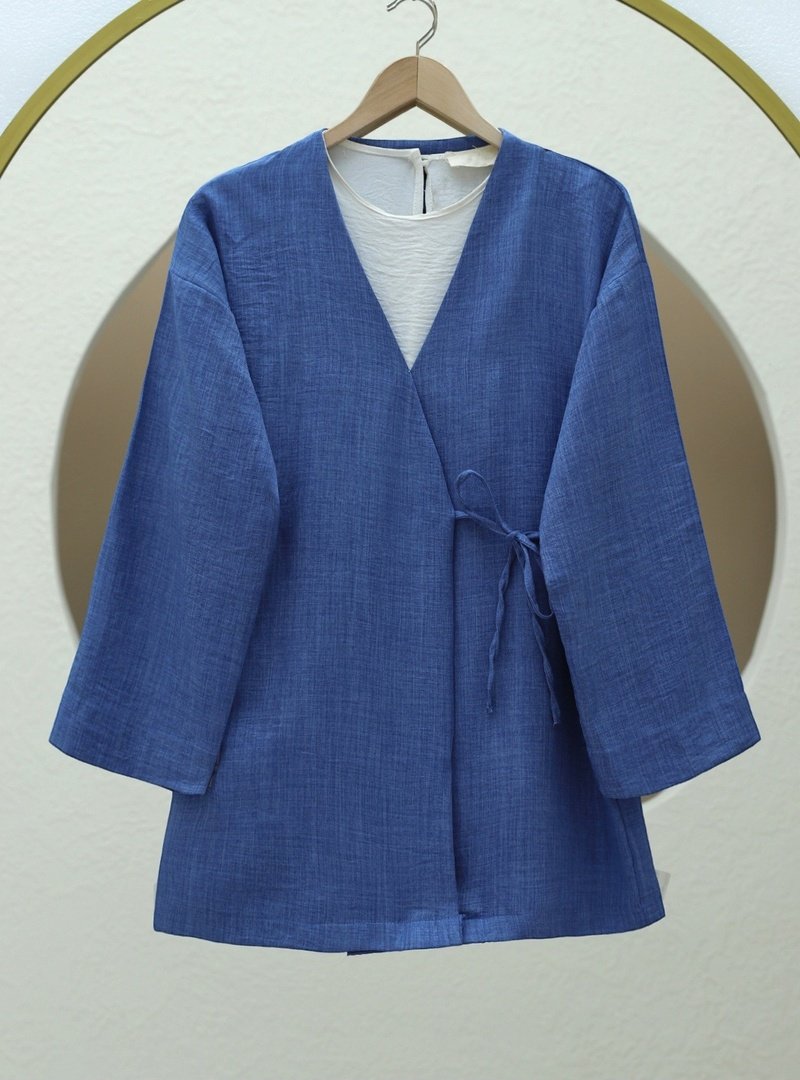 Podyumplus İndigo Yandan Bağlamalı Keten Kimono