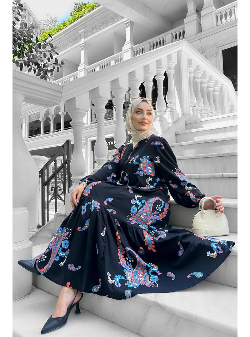 Liz Butik Mavi Mango Desenli Viskon Elbise