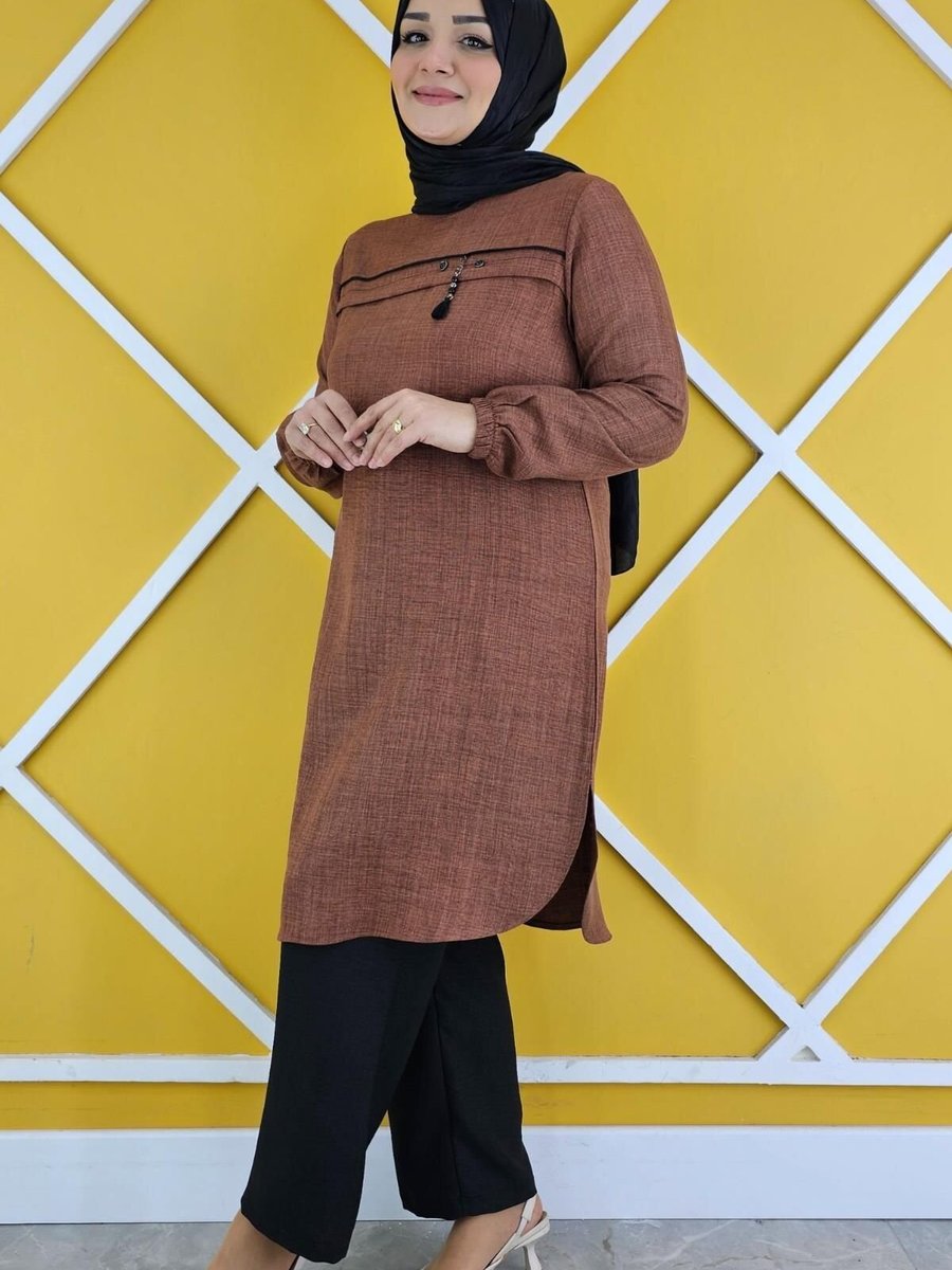 MYSTİL Kahverengi Aller Üstü Aksesuar Detaylı Tunik