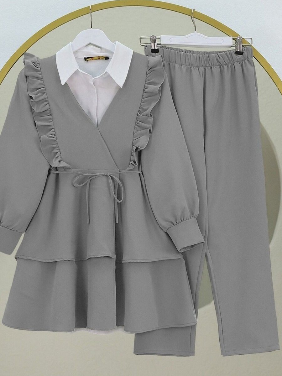 HİJABAYA Gri Önü Fırfırlı Bağcıklı Eteği Katlı Pantolonlu Kimono İkili Takım