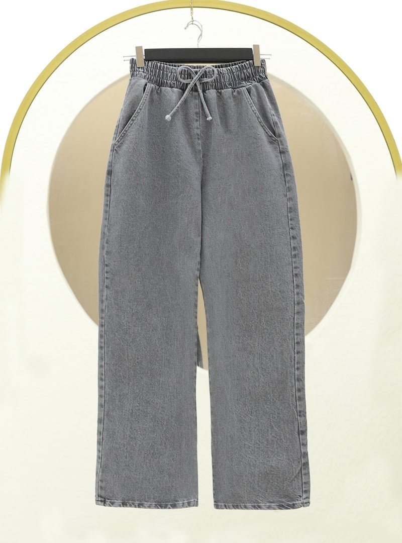 Podyumplus Füme Beli Lastikli Cepli Bol Paça Kot Pantolon
