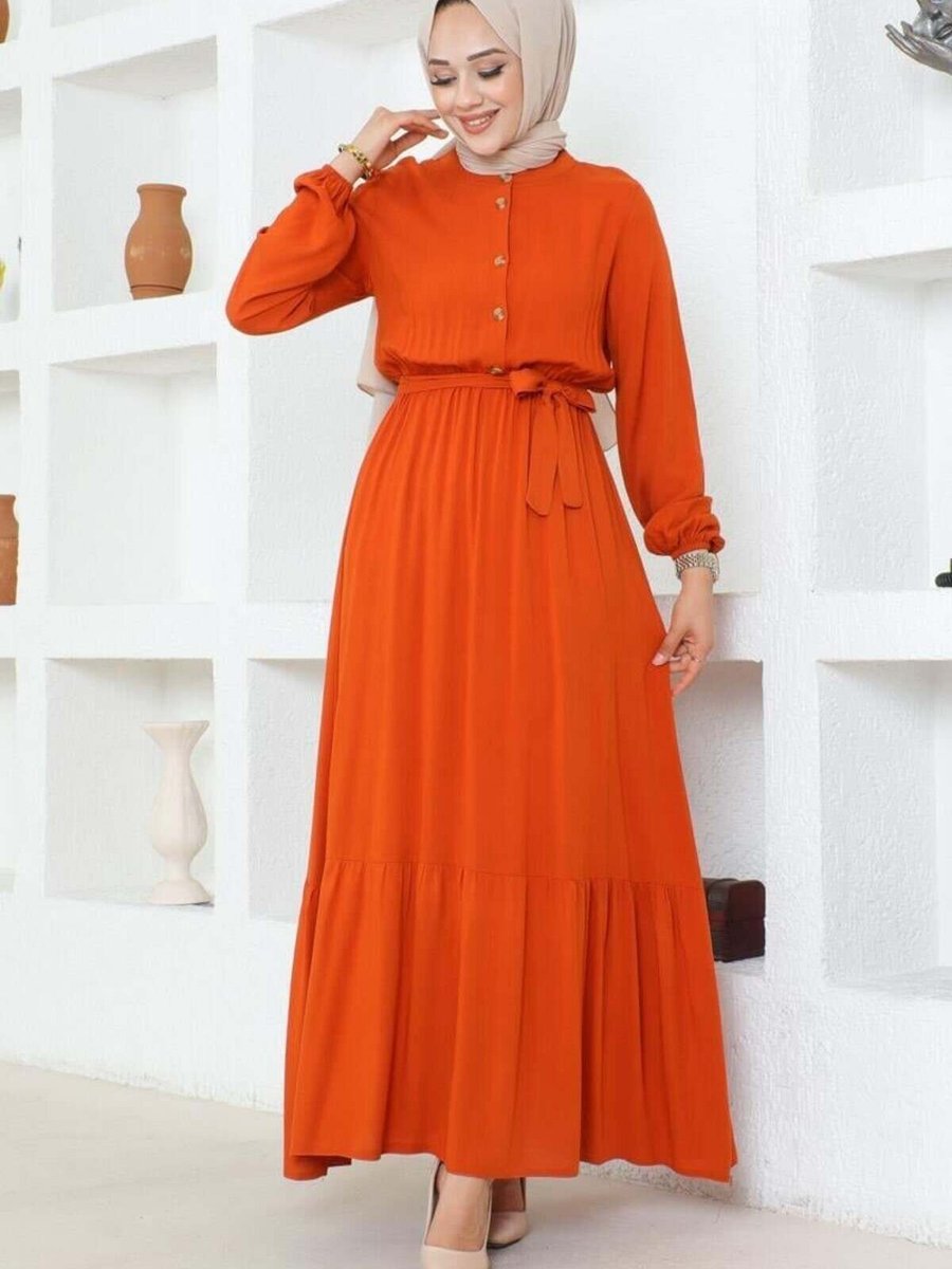 Mec Fashion Turuncu Düğme Detaylı Viskon Elbise
