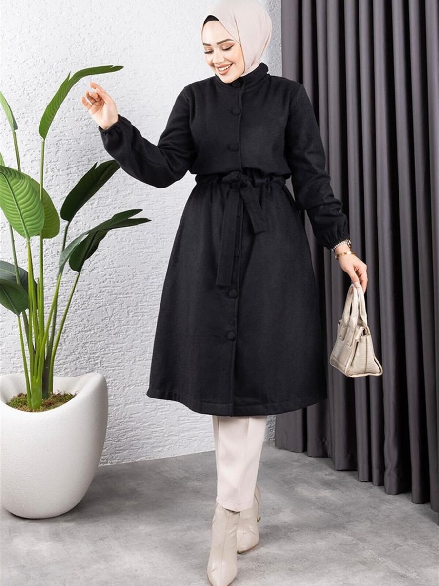 Mec Fashion Siyah Düğme Detaylı Kaşe Kaban