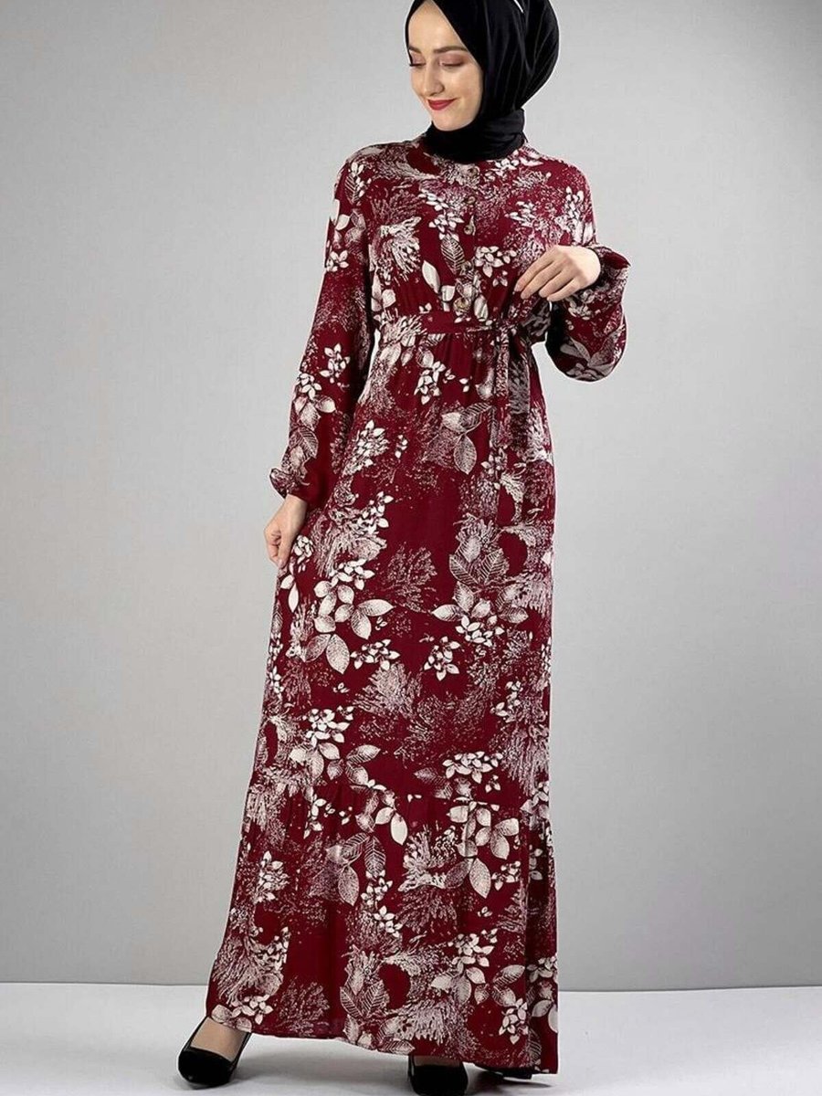 Mec Fashion Bordo Kemerli Desenli Elbise