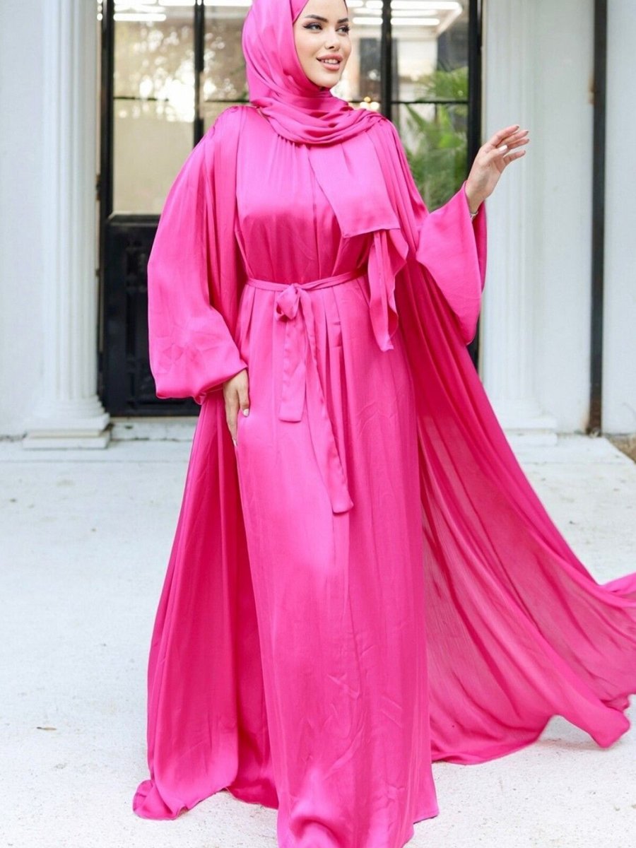 HİJABAYA Fuşya Krinkıl İpek Saten 3'lü Abaya Takım