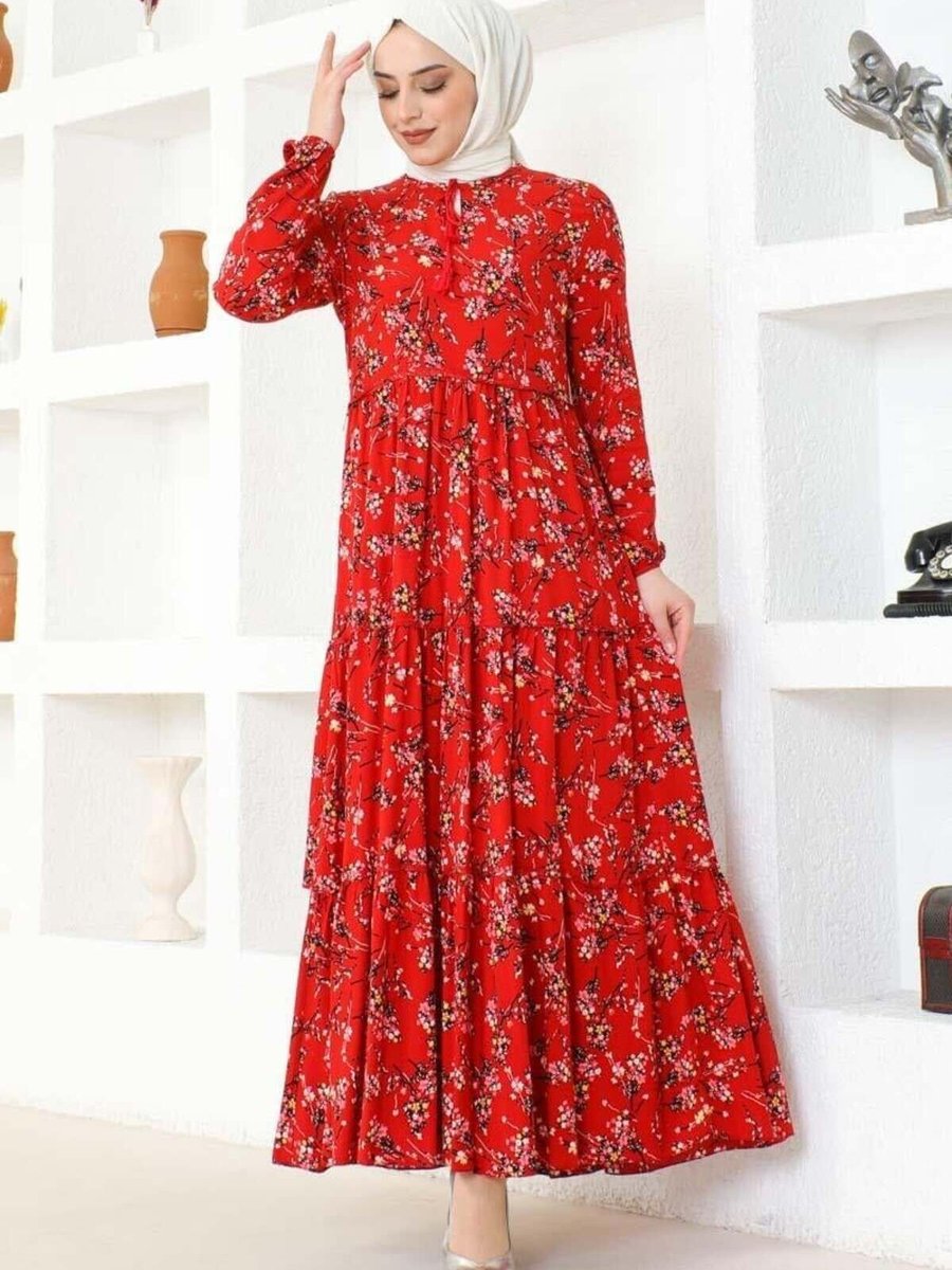 Mec Fashion Kırmızı Çiçek Desenli Viskon Elbise