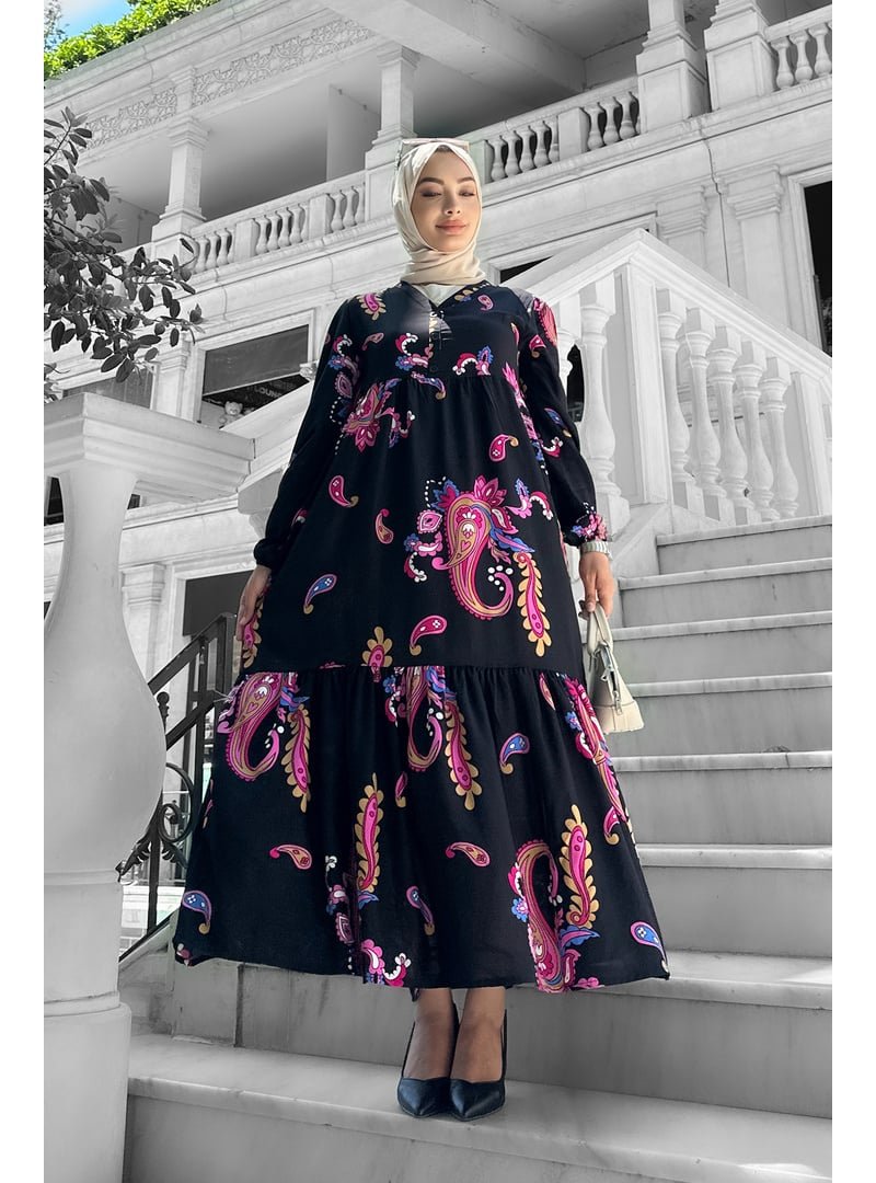 Liz Butik Fuşya Mango Desenli Viskon Elbise