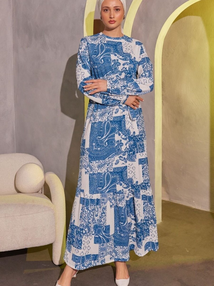 Mec Fashion Mavi Desenli Bürümcük Elbise