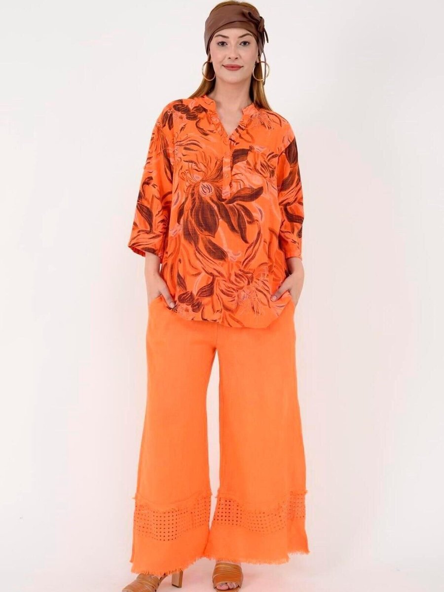 EREN STYLE Oranj İtalyan Fisto Detaylı Keten Pantolon
