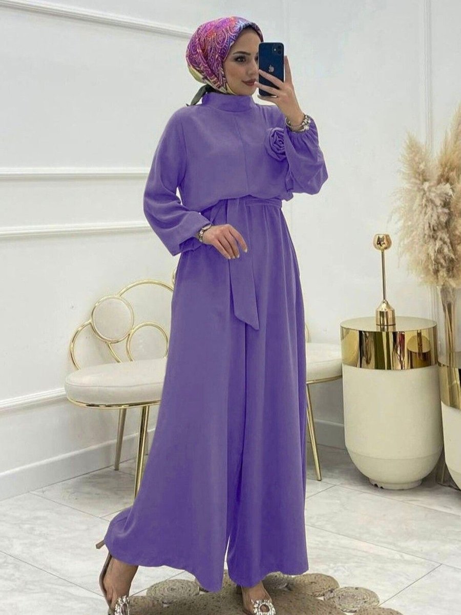 HİJABAYA Lila Dik Yaka Kemerli Güllü Tulum