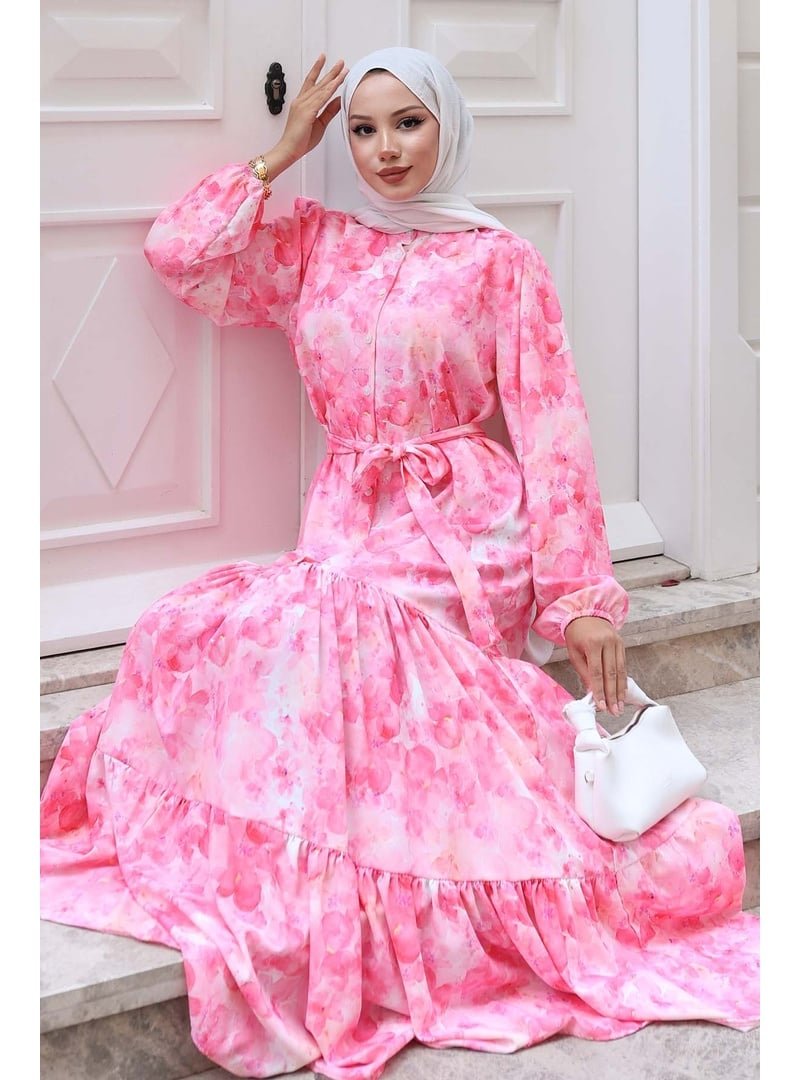 Benguen Pembe Desenli Elbise