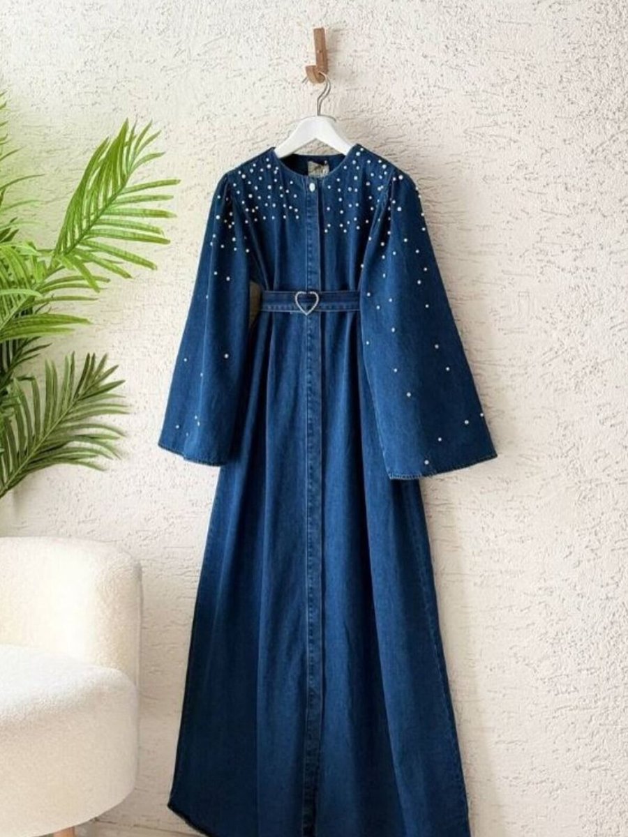 OlaLady Lacivert Kalp Kemerli İnci Detaylı Denim Kap Pardesü