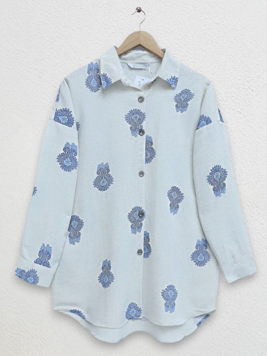 HİJABAYA İndigo Boydan Düğmeli Desenli Oversize Keten Tunik