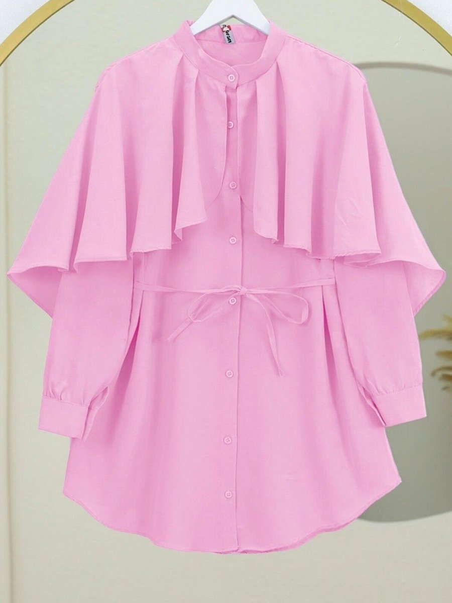 HİJABAYA Pembe Dik Yaka Pelerin Detaylı Poplin Gömlek