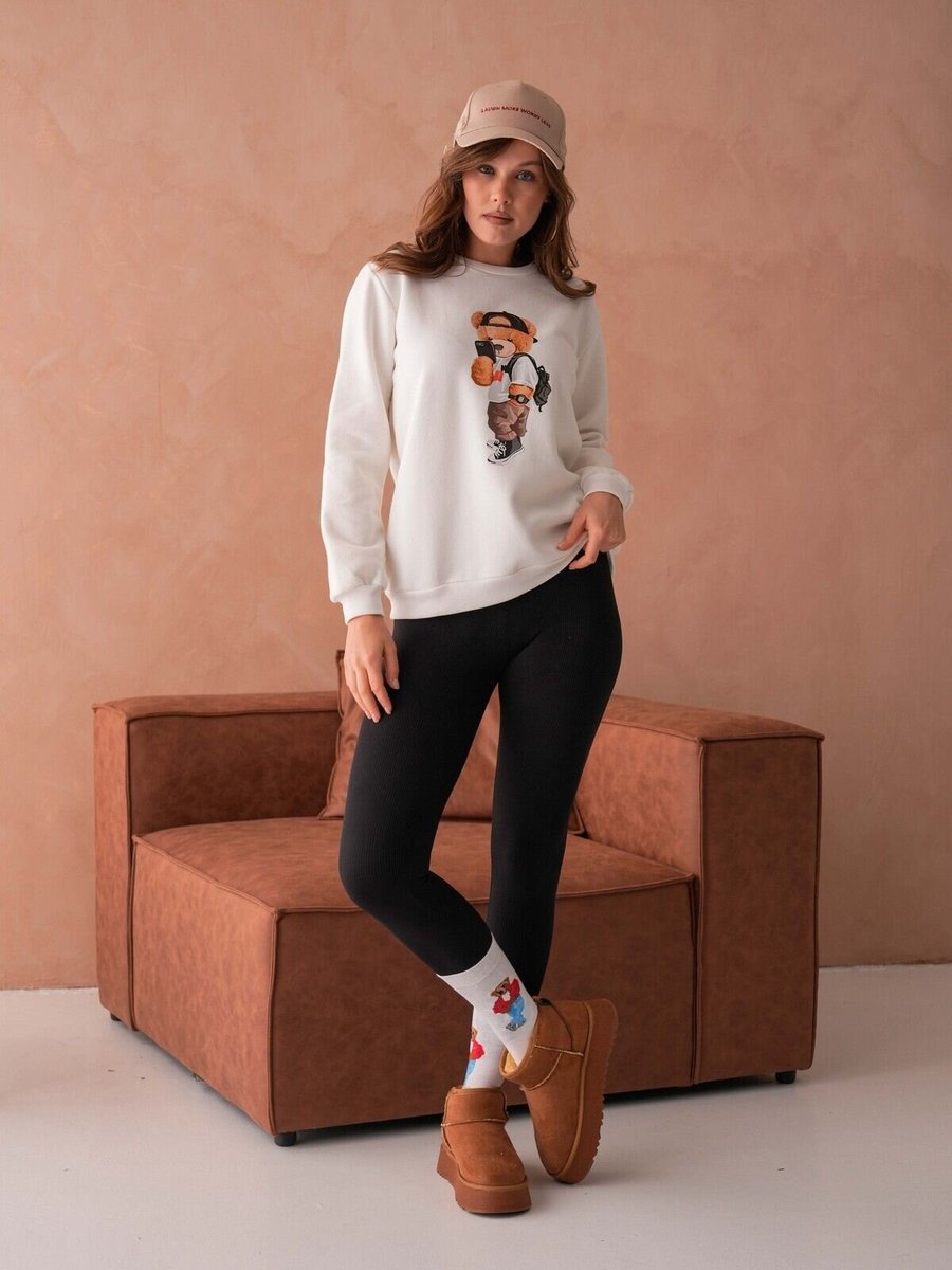 Moda Amore Ekru Teddy Bear Ayıcık Baskılı İplik Şardonlu Bisiklet Yaka Sweat Sweatshirt