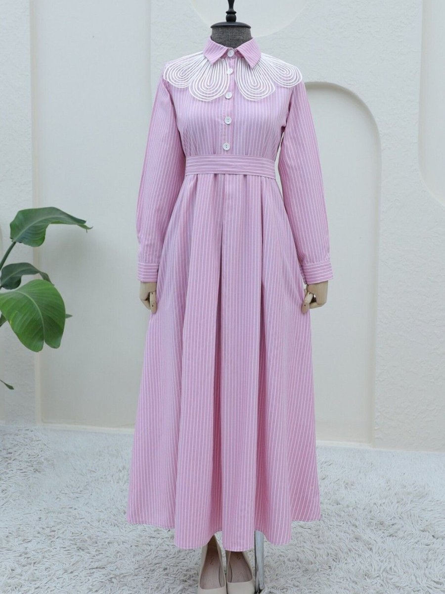 HİJABAYA Pembe Organze Yaka Çizgili Kuşaklı Gömlek Elbise