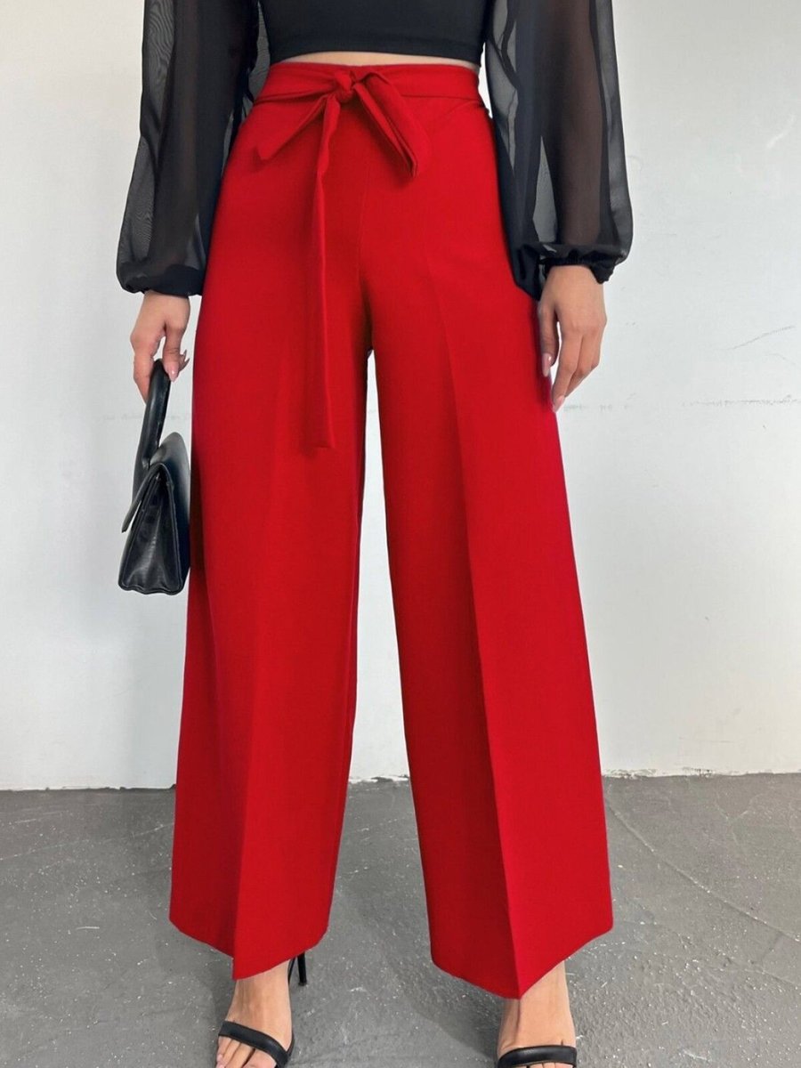 HİJABAYA Kırmızı Beli Bağcıklı Double Bol Paça Pantolon