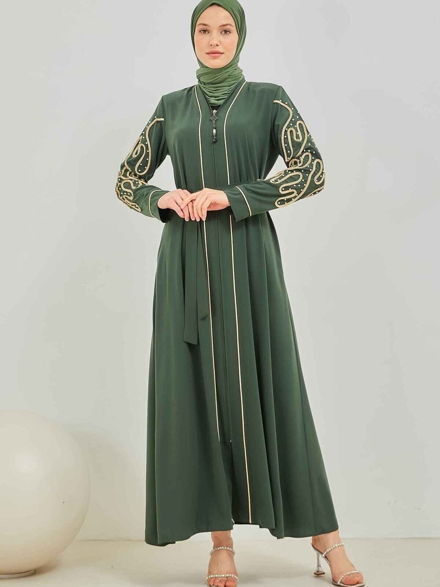 Mec Fashion Haki Özel Tasarım İncili Abaya