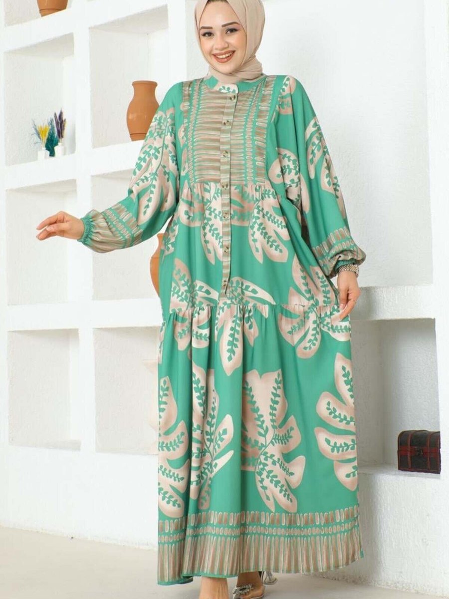 Mec Fashion Yeşil Tropikal Desenli Elbise