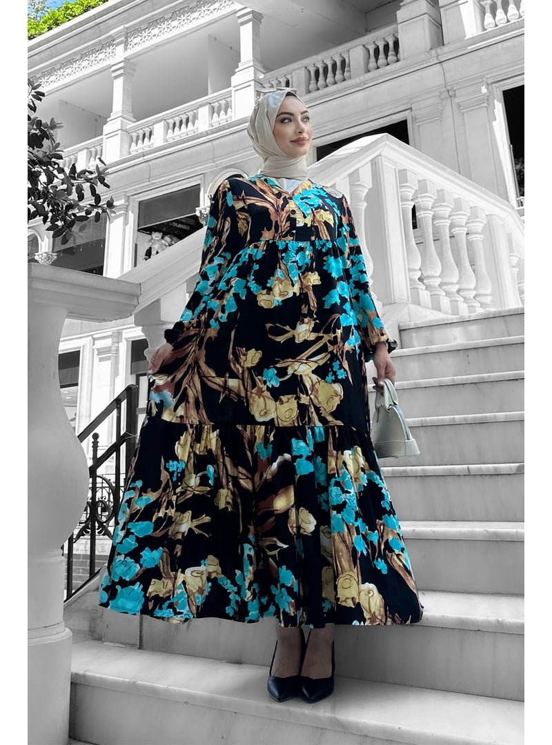 Liz Butik Bej Beymen Desenli Viskon Elbise