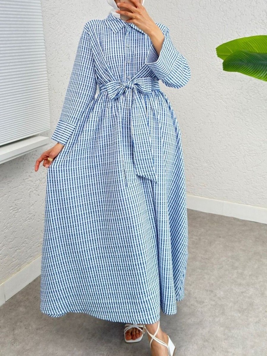 HİJABAYA Mavi Yarım Düğmeli Beli Bağlamalı Çizgili Elbise